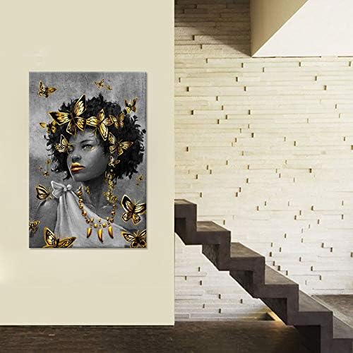 iHAPPYWALL Голяма Афроамериканская Златна Стенни живопис Черна Красива Дама с Пеперуда Абстрактно Произведение на