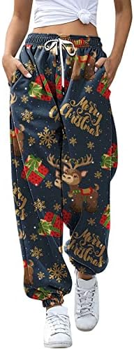 Коледни Спортни Дамски Панталони с Джобове Всекидневни Спортни Панталони Свободно Намаляване с Висока Талия Весела Коледа