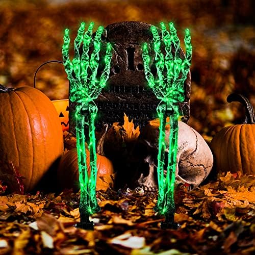 Украса за ръка с виртуален скелет на Хелоуин, на 2 опаковки Двора на Колове с виртуален скелет на ръка със Зелени светлини и Таймер за украса на тревата на Хелоуин На