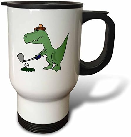 3dRose Пътна чаша Веселият зелен динозавър Trex, играе голф от неръждаема стомана, 14 грама, Натурална