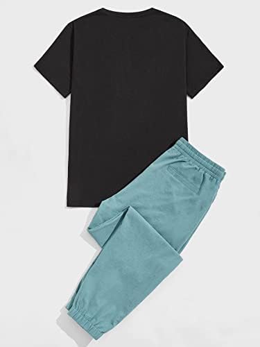 Мъжки дрехи OSHHO от две части, Мъжка тениска с изображение на палми и букви и спортни панталони с завязками на талията (Цвят: многоцветен, Размер: Малък)