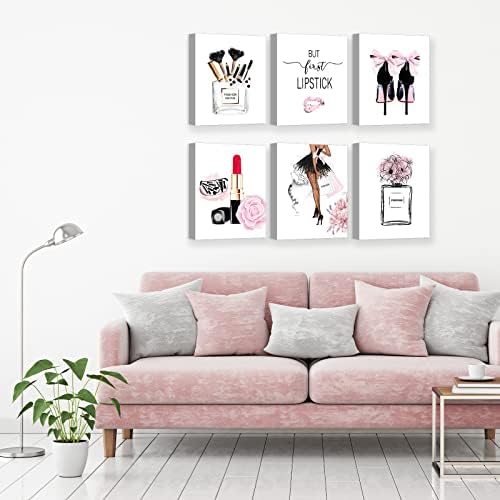 Розови модерен стенен артистични щампи в рамката на HoozGee с ДЪРВЕНА рамка ВЪТРЕ, Комплект от 6 снимки за