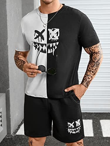 Мъжки дрехи LUBOSE от две части, Мъжка тениска в два цвята с анимационни шарени и къси панталони с завязками на талията (Цвят: черно-бял, Размер: 6X-Large)