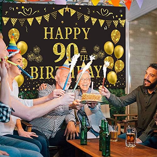 Trgowaul 90th Birthday Златен Фон и Черен 5,9 Х 3,6 Метра честит Рожден Ден Украса за Парти Банер за Жени, Мъжки Аксесоари
