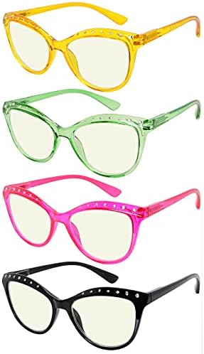 Eyekepper, 4 опаковки очила за четене, нападение от синя светлина, за жени, ридеры с кристали в стил котешко око + 3,00