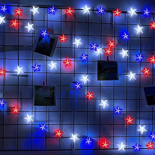 JREAMTD 2 пакета Червени, бели, Сини звездни светлини, Декоративни струнни светлини на 4 юли, Звездни светлини на Американското В помещения и на открито, Ден на Независи?