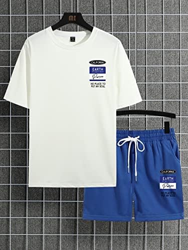 Мъжки дрехи FIOXA от две части, риза с графичен слоган и къси панталони с завязками на талията (Цвят: синьо