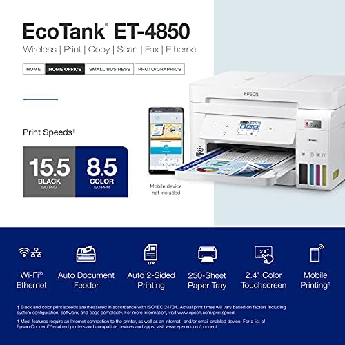 Epson EcoTank ET-4850 Безжичен универсален принтер Supertank без патрони със скенер, копировальным апарат, факс, ADF и Ethernet – Идеалният партньор в офиса - Бял
