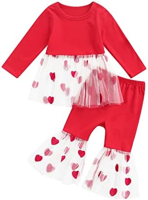 Облекло за Свети Валентин от Тюл в стил мозайка за малки Момичета, 2 броя, Блузи с дълги ръкави и набори + Костюм с Изгорени