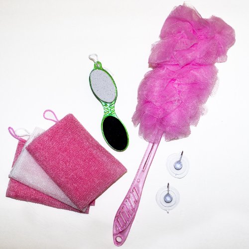 Най-добрият розов Подаръчен комплект от 7 теми за вана, душ, гъба, окото на пуфа, гъби и Luffa. (7 теми розов цвят)