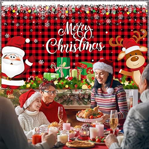 Коледен Фон Банер с Елени на Дядо Коледа, Фоново украса за парти за Коледа, Фотобудка, Реквизит за Снимки, Стенен Декор, 72,8x43,3 инча (Черно-червено, Пъстро модел)