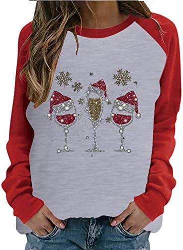 Грозни Коледни Пуловери за Жени, Мода 2023, Коледна Hoody с кръгло Деколте и Дълъг Ръкав, Чаши за Вино, Риза, Блуза,