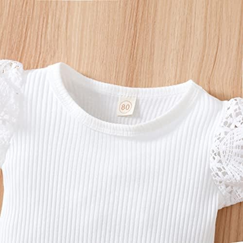 Летни Комплекти дрехи от 3 теми за малките момичета, Однотонная Тениска в рубчик с кружевными волани и ръкави-като, Потник +