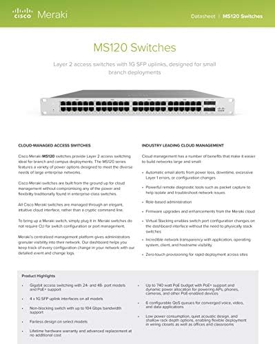 Мрежов комутатор MS120-48-ТВ Cisco Meraki, управляван от облак, БЕЗ лиценз