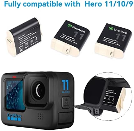 Батерии Smatree, съвместими за GoPro Hero 11, Hero 10, Hero 9 Black, 3 комплекта сменяема батерия с капацитет 1800