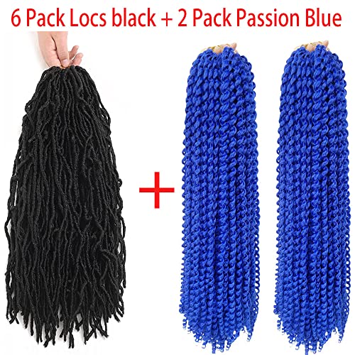 24-инчов 6 опаковки изкуствена коса, свързани с плетене на една кука, черно и 24-цолови косата Passion Twist син цвят, 2 опаковки