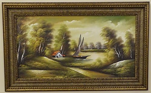 Ръчно рисувани - Маслени бои - В РАМКА - Пейзаж с къща и лодка (1)