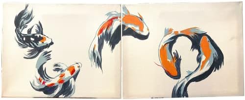 Оригинален Автентичен комплект от Две картини - Природа японската Риба Koi - Уникален Стенен декор на Платно -