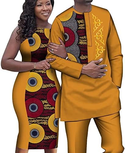 UOUNUT Африканска Двойка Екипировки Дамски Рокли Без ръкави и Дашики Мъжка Риза и Панталони Комплект Африканска Дрехи