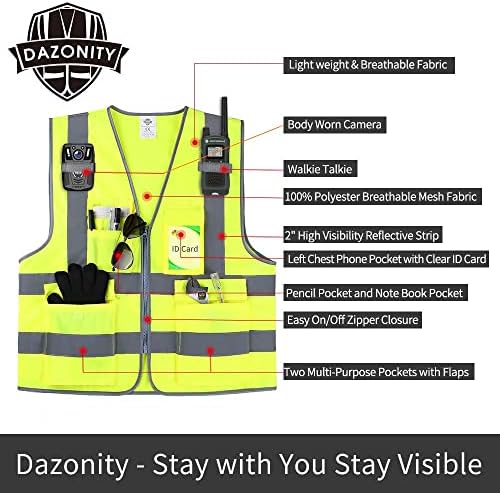 Жилетка за безопасност висока видимост Dazonity с множество джобове и цип, 20 парчета, L, Защитно облекло за джогинг