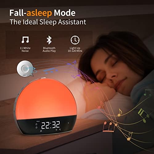 Будилник Sunrise, Звукова машина с Bluetooth-високоговорител, Имитация на изгрев и залез на слънцето, Повторение, Двоен будилник, Лампа за четене и FM-радио, 11 природни звуци