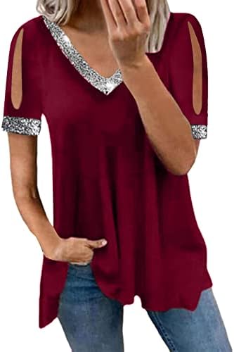 Дамски Однотонная Тениска с V образно деколте, Летни Блузи с Къс Ръкав, Ежедневни Тренировочная Риза Свободно, Намаляване, Блузи