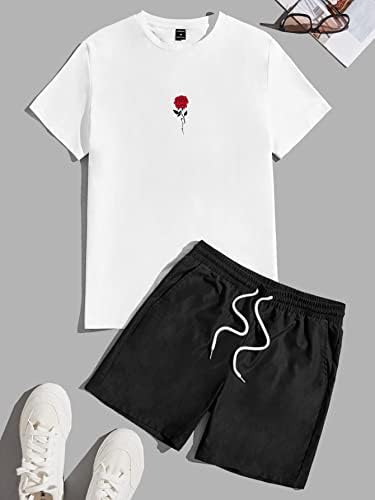LUBOSE/ Мъжки облекла от две части, Мъжка тениска с цветни принтом и къси панталони с завязками на талията (Цвят: черно-бял, Размер: X-Large)