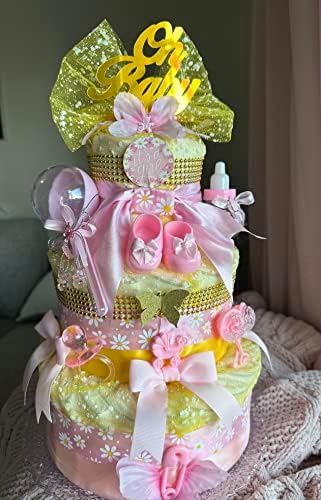 Торта от Памперси За едно Малко Момиче, Розово, Жълто и Златно, Трехъярусный