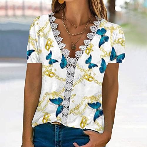 Блуза, Тениска за Жени С Къс Ръкав Лейси Памучен Vneck Цветен Графичен Обяд Свободно Намаляване на Тениска Свободно Намаляване