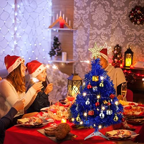 20-Инчовият Настолен Мини-Комплект Коледни Елхи с led Подсветка, Изкуствена Малка Синьо-Бяла Коледна Елха,