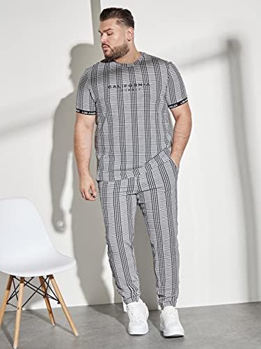 NIBHZ Облекло от две части за мъже, Мъжки t-shirt в клетка с писмото шарките и Панталони (Цвят: сив, Размер: 6X-Large)