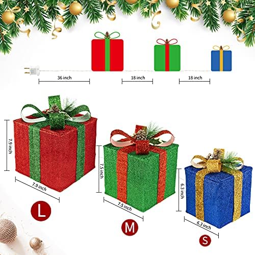 Подаръчни Кутии с подсветка Brightown, Коледна Украса, Комплект от 3 теми, Подаръчни Кутии с Орнаменти, Предварително