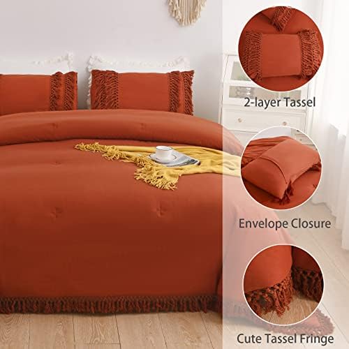 Комплект завивки CozyTide Burnt Orange King Size, Теракот Комплект спално бельо от памук, Мека и лесна Комплект спално