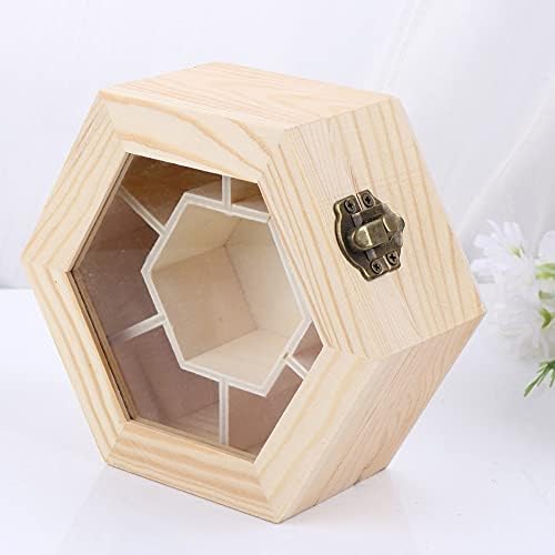 NNJHG AC207 Натурална Проста Дървена Кутия За Съхранение на Бижута със Стъклен Капак и Ключ Съкровище във Формата на Шестоъгълник