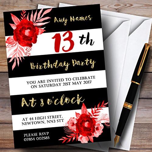 Черно-Бели Райета Златисто-Червени Цветя на 13-о Персонални Покани На Парти по случай рождения Ден