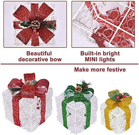 aonear Комплект от 3 Коледни Подаръци Кутии с Подсветка, Прозрачна Акрилна Подарък Кутия за Дома и Двора,