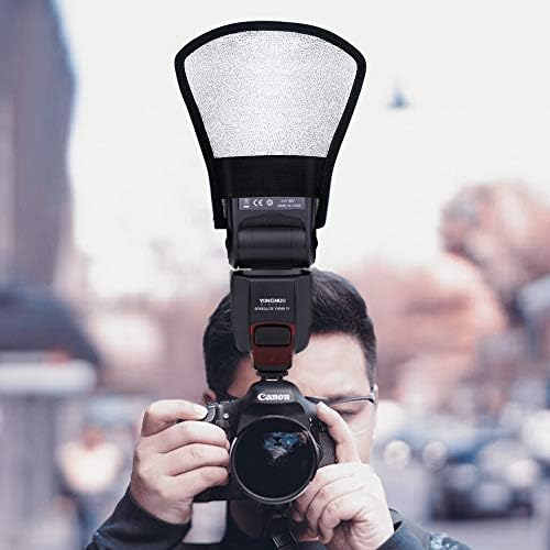 Рефлектор рассеивателя огнища от 2 теми - двупосочен комплект рефлектори флаш бял/сребрист на цвят, с еластична лента за Canon, Nikon, Sony, Fuji и всички светкавици Speedlight