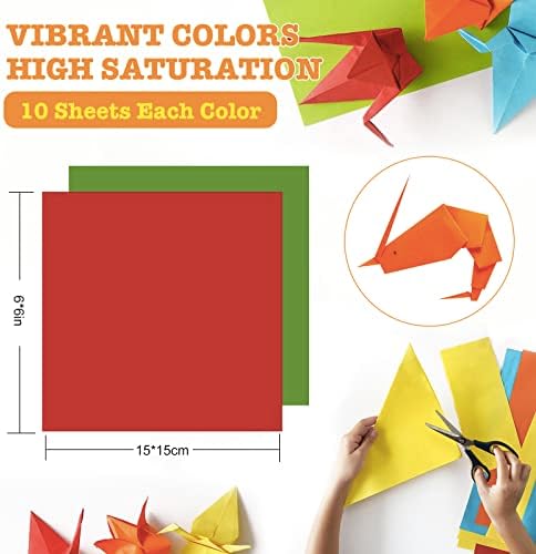 Цветна Хартия за Оригами - 210 Листа, 21 Ярък Цвят, Двустранен Цветна хартия, Квадрат 6 Инча, Декоративно-приложно изкуство