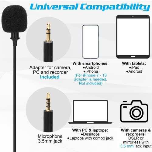 Петличный микрофон професионален клас на ревера за OnePlus 9RT 5G (изисква се адаптер Aux) Съвместимост с мобилен телефон iPhone или камера За видеоблогинга ASMR Запис на видео