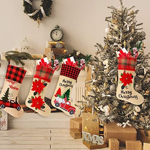 Skylety, 4 предмета, 18-Цолови Коледни Чорапи от Зебло в Клетката, Коледно Дърво, Отглеждане с Принтом на Дядо Коледа, Коледни