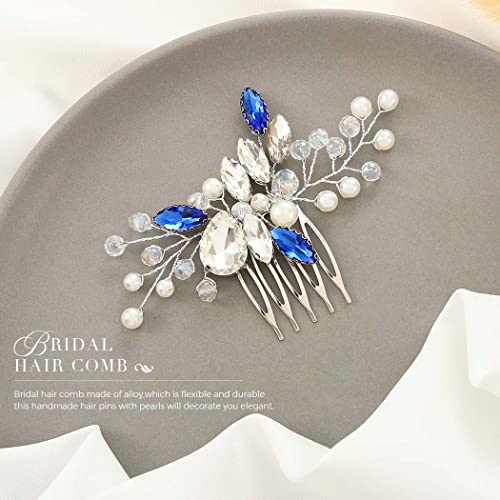 Сребърна сватба гребен за коса Unicra, сватбена прическа със син кристал, аксесоари за коса с перли и кристали
