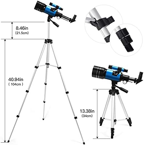 Телескоп за деца, възрастни и Начинаещи, за Монтиране на 70 мм с отвор 300 mm AZ с Регулируем Статив и Изцяло Многослойни оптика,