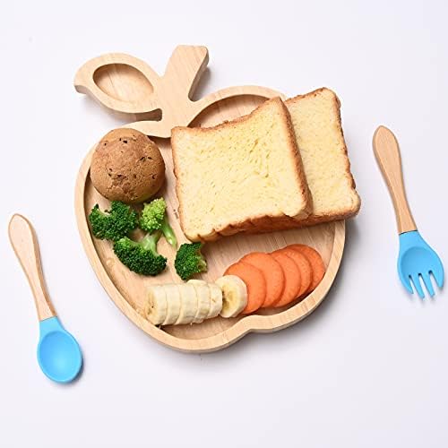 Смукателна чиния Apple бамбук Bamboo Чинии за деца и Вилица Лъжица за Самостоятелно Хранене на малки деца (син И)