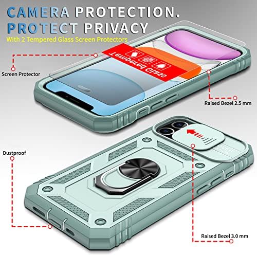 Калъф pompvla за iPhone 11 [Не за 11Pro] с 2-ма защитни очила за екран, вграден ринг за магнитна поставка на 360 ° и капак за фотоапарати, противоударной защита от падане на военен