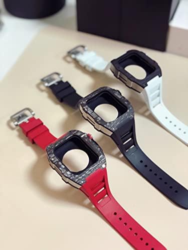 DYIZU Нов комплект модификация на Apple Watch Серия 7 Метален корпус 45 мм + силикон каишка за iWatch 44 SE 6 5 4 Седалките са изработени от въглеродни влакна с гумена каишка (Цвят: ч?