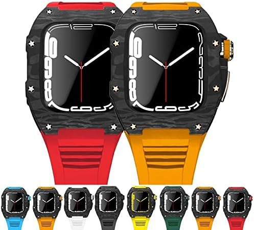 DASEB Нов комплект модификация на Apple Watch Серия 7 Метален корпус 45 мм + силикон каишка за iWatch 44 SE 6 5 4 Седалките са изработени от въглеродни влакна, каишка от каучук (Цвят: