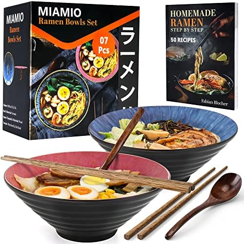MIAMIO - колекция от керамични мисок за приготвяне на рамена обем 35,5 унция от 2 големи мисок за японския супа с юфка + Дървени пръчки и лъжичка за хранене + Книга с рецепт