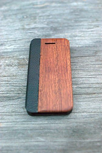 Калъф за мобилен телефон iPhone 5c от дърво и кожа, ръчна изработка - Кафява и Черна Кожа Личи