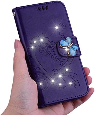 IKASEFU е Съвместим с калъф iphone XS Max, Блестяща пеперуда, Украсена с пайети, с Релефна форма на Любов, от Изкуствена кожа с Флорални Принтом, една Чанта-портфейл с каишка и