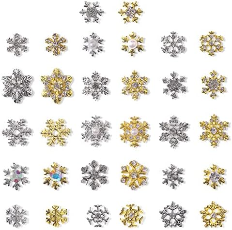 32 Броя Амулети за нокти под формата на Снежинки, Кристали и 3D Кристали, Диаманти за Акрилни нокти, Метал, Злато, Сребро, Коледни Амулети във формата на Снежинки, Скъп?